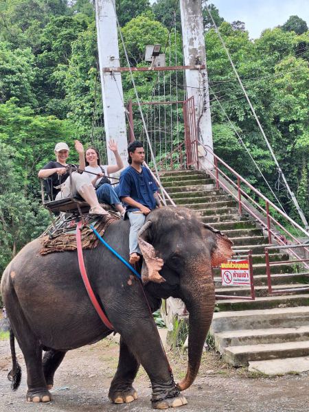 Riders crossing a bridge on an elephant, waving to the camera - lifeonwheel.com