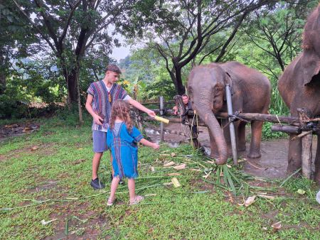 A father and daughter feeding an elephant together - lifeonwheel.com